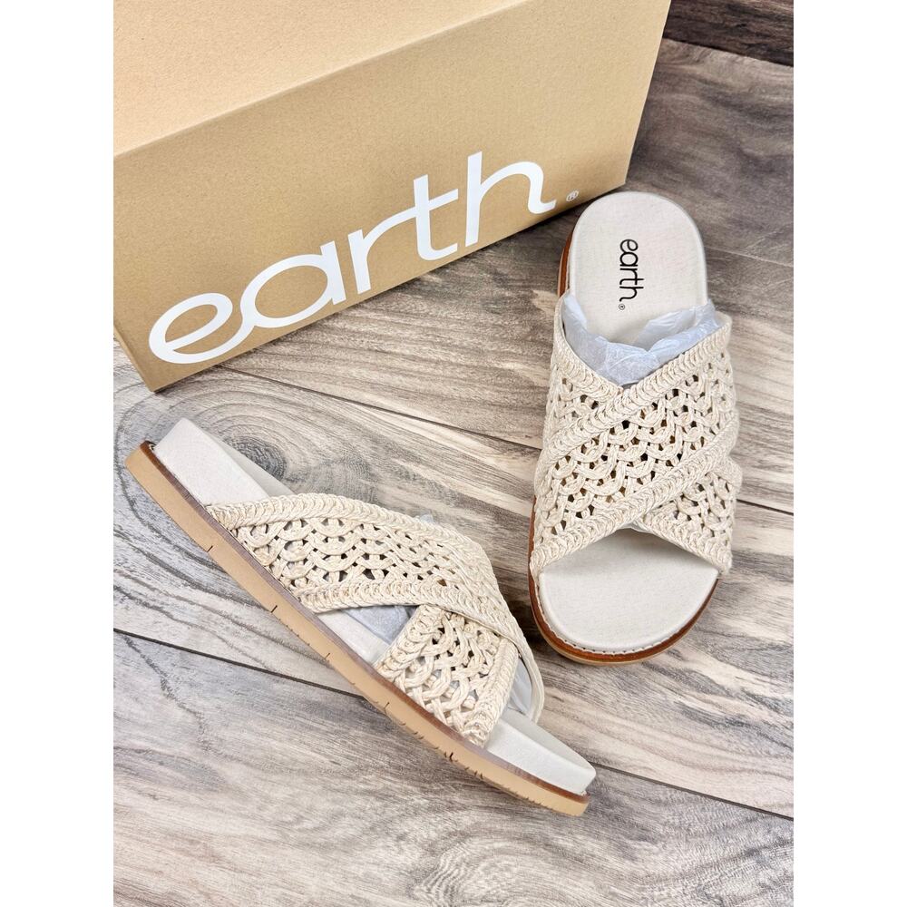 NIB Earth 9M Flurry2 Woven Crisscross Slip On Flat Comfort Sandals Slides Ivory